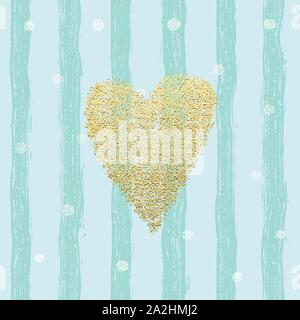 Gold glittering heart confetti seamless pattern with hand drawn stripes. For wrapping, wallpaper, textile, invitation, wedding card, valentine's day romantic card. Trendy hearts color vector on striped background. Stock Vector