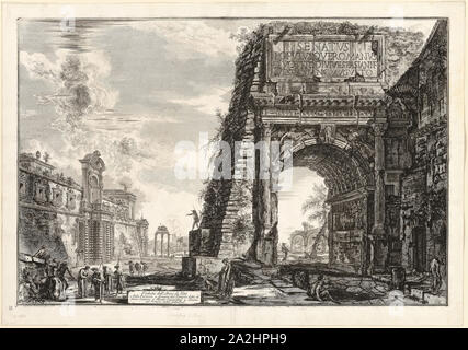 View of the Arch of Titus, from Views of Rome, 1771, Giovanni Battista Piranesi, Italian, 1720-1778, Italy, Etching on heavy ivory laid paper, 475 × 708 mm (image), 477 × 711 mm (plate), 533 × 759 mm (sheet Stock Photo