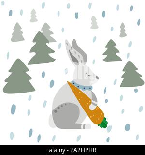 White hare with carrot. Winter snowing forest. Vector illustration. Stock Vector