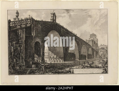 View of the Ponte Molle [or Milvian Bridge] over the Tiber two miles outside Rome, from Views of Rome, 1762, Giovanni Battista Piranesi, Italian, 1720-1778, Italy, Etching on heavy ivory laid paper, 437 x 675 mm (image), 440 x 677 mm (plate), 562 x 788 mm (sheet