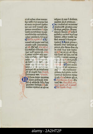 Illuminated Manuscript Leaf, c. 1450, Italian, Italy, Manuscript cutting with round gothic inscriptions in black, red and blue inks, and decorations in red and blue inks, on vellum, 162 x 117 mm Stock Photo