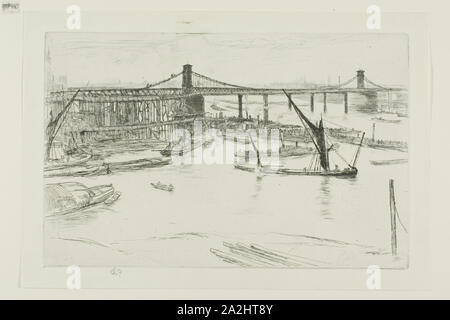 Old Hungerford Bridge, 1861, James McNeill Whistler, American, 1834-1903, United States, Etching and drypoint in black ink on ivory laid paper, 137 x 213 mm (plate), 162 x 238 mm (sheet Stock Photo