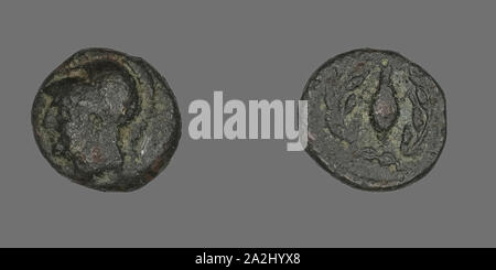 Coin Depicting the Goddess Athena, after 340 BC, Greek, Ancient Greece, Bronze, Diam. 1.1 cm, 1.38 g Stock Photo