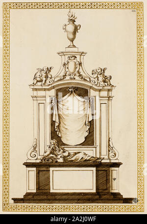 Project for a Monument, c. 1695, Edward Pierce, the younger (English, c. 1630-1695), or Inigo Jones (English, 1573-1652), England, Pen and brown ink, with brush and gray and brown  wash, over traces of graphite, with gold paint in borders on ivory laid paper, 396 × 269 mm Stock Photo
