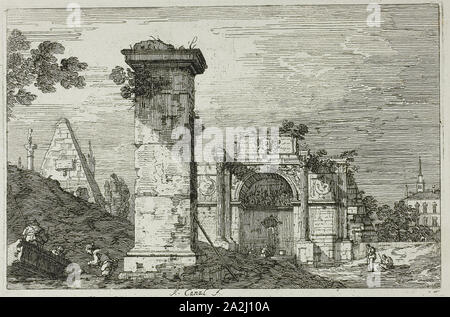 Landscape with Ruined Monuments, from Vedute, 1735/44, Canaletto, Italian, 1697-1768, Italy, Etching in black on ivory laid paper, 141 x 215 mm (image), 147 x 219 mm (plate), 431 x 587 mm (sheet Stock Photo