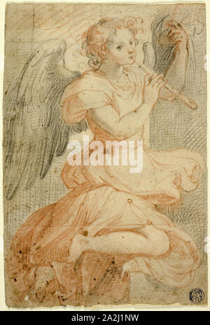 Angel Playing a Flute, c. 1591, Circle of Giuseppe Cesari, called Il Cavalier d’Arpino, Italian, 1568-1640, Italy, Black and red chalk, with traces of pen and brown ink, on buff laid paper, incised, 205 x 136 mm Stock Photo