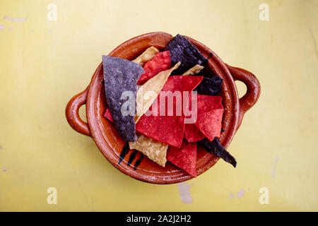 Mexican nachos on a yellow table. Stock Photo