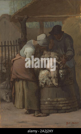 The Sheepshearers, 1857/61, Jean-François Millet, French, 1814-1875, France, Oil on canvas, 41.2 × 28.5 cm (16 1/4 × 11 1/4 in Stock Photo