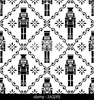 Christmas nutcrackers vector seamless pattern - Xmas soldier figurine repetitive black and white ornament, textile design Stock Vector