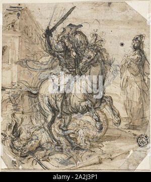 Saint George and the Dragon, n.d., Attributed to Carlo Urbino, Italian, active 1535-1585, Italy, Pen and brown ink, with brush and brown wash, heightened with lead white (partially discolored), over black chalk, on ivory laid paper, laid down on ivory laid paper, 132 x 116 mm Stock Photo