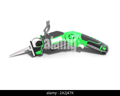 Modern green hacksaw on battery for garden works in summer 3d render on white background with shadow Stock Photo