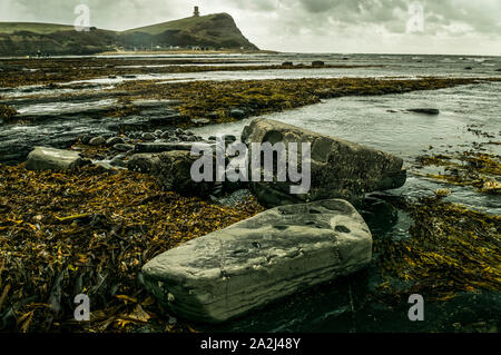 Large jurassic rocks in foreground surrounded with seaweed and stormy skies with Clavell Tower at Kimmeridge Bay, Wareham, Dorset Stock Photo