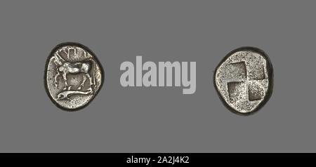 Drachm (Coin) Depicting a Cow with Dolphin below, about 416/357 BC, Greek, Ancient Greece, Silver, Diam. 1.7 cm, 5.15 g Stock Photo