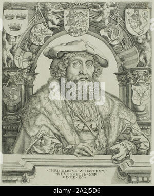 King Christian II of Denmark, about 1529, Jacob Binck (German, c. 1500-1569), after Jan Gossaert (Flemish, 1478-1532), Germany, Engraving in black on ivory laid paper, 264 x 217 mm (image/sheet), Mlle. Lavergne, Niece of Mr. Liotard, n.d., Jean Daullé (French, 1703-1763), and Simon François Ravenet (French, 1706-1774), France, Engraving in black on cream laid paper, perimeter mounted onto ivory laid paper, 521 × 406 mm (image), 571 × 409 mm (primary support, trimmed within platemark), 580 × 419 mm (secondary support Stock Photo
