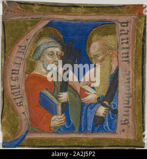 Saints Peter and Paul in a Historiated Initial N from a Choirbook, 1375/99, Italian, Italy, Manuscript cutting in tempera and gold leaf, with gothica textualis inscriptions in silver ink, on parchment, 93 x 92 mm Stock Photo