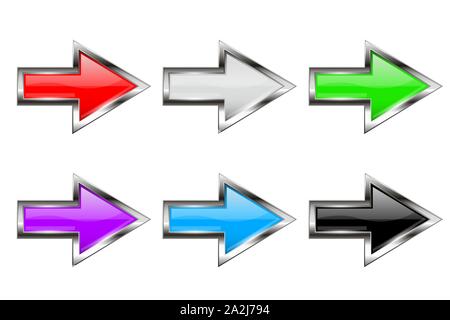 Arrows. 3d shiny glass icons with chrome frame Stock Vector