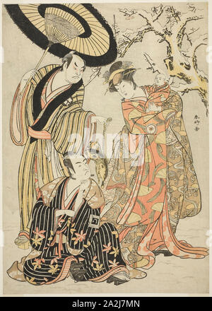 The Actors Iwai Hanshiro IV (right), Ichikawa Monnosuke II (center), and Sakata Hangoro III (left), Possibly as Manazuru the Wife of Tametomo, Hojo Saburo Munetoki, and Kawanaya Tashiro, in the Joruri Iwai-zuki Neya no Obitoki (Inauspicious Months: Loosening the Sash in the Bedchamber), from Part Two of the Play Mutsu no Hana Izu no Hataage (Snowflakes: Raising the Standard at Izu), Performed at the Kiri Theater from the First Day of the Eleventh Month, 1786, c. 1786, Katsukawa Shunko I, Japanese, 1743-1812, Japan, Color woodblock print, oban, 36.3 x 25.8 cm (14 5/16 x 10 3/16 in Stock Photo