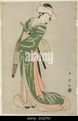 The Actor Nakamura Noshio II as Tonase, in the Bridal Journey Scene, Act Eight of the Play Kanadehon Chushingura (Model for Kana Calligraphy: Treasury of the Forty-seven Royal Retainers), Performed at the Miyako Theater from the Fifth Day of the Fourth Month, 1795, c. 1795, Katsukawa Shun’ei, Japanese, 1762-1819, Publisher: Iwatoya Kisaburo, Japan, Color woodblock print, oban, 37.2 x 25.1 cm (14 5/8 x 9 7/8 in Stock Photo