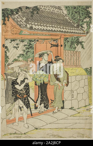 Sudden Shower at Mimeguri Shrine, c. 1787, Torii Kiyonaga, Japanese, 1752-1815, Japan, Color woodblock print, left sheet of oban triptych, 37.9 x 25.1 cm Stock Photo