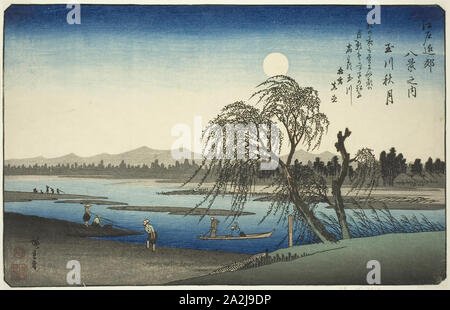 Autumn Moon over Tama River (Tamagawa no shugetsu), from the series Eight Views in the Environs of Edo (Edo kinko hakkei no uchi), c. 1837/38, Utagawa Hiroshige 歌川 広重, Japanese, 1797-1858, Japan, Color woodblock print, oban, 13 3/4 x 8 3/4 in Stock Photo