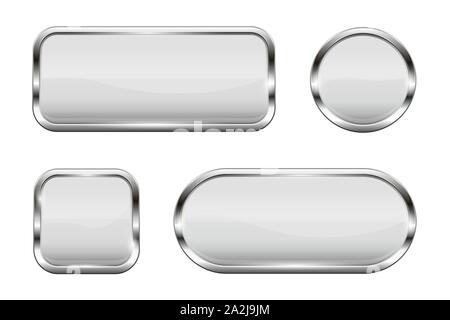 White glass buttons. Set of 3d shiny icons with chrome frame Stock Vector