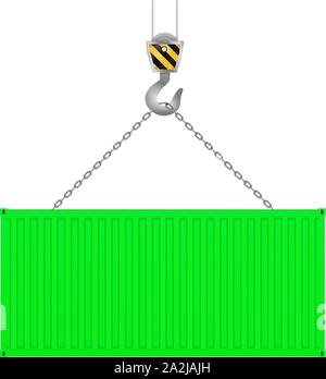 Green shipping freight container on a crane hook Stock Vector