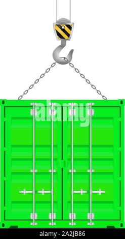 Green shipping freight container on a crane hook Stock Vector