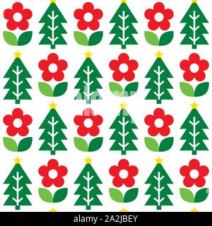 Cute repetitive Nordic Christmas folk art vector seamless pattern, cute festive Scandinavian design with flowers and Christmas trees Stock Vector