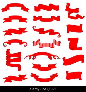 Ribbon and paper scrolls. Red icons set Stock Vector