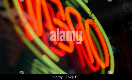 Open neon sign with reflection - Glowing LED Open sign. Stock Photo