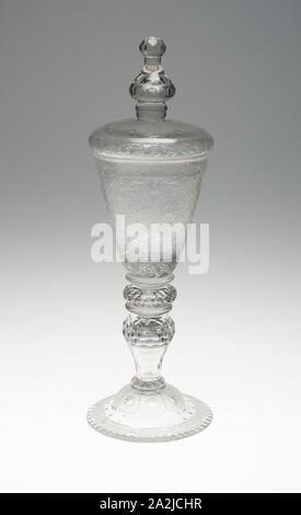 Goblet with Cover, c. 1750, Germany, Brunswick, Probably engraved by Johann Heinrich Balthasar (German, active 18th century), Brunswick, Glass, 32.7 × 9.5 cm (12 7/8 × 3 3/4 in Stock Photo