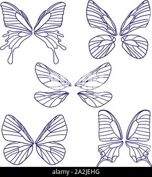 set of wings of butterflies silhouettes isolated on white background in vector format very easy to edit, individual objects Stock Vector