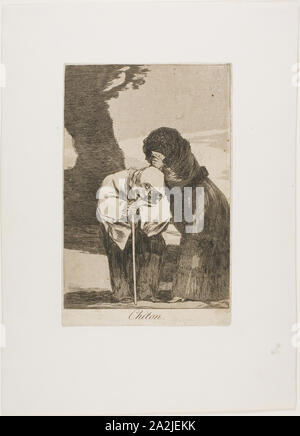Hush, plate 28 from Los Caprichos, 1797/99, Francisco José de Goya y Lucientes, Spanish, 1746-1828, Spain, Etching, aquatint and burin on ivory laid paper, 190 x 130 mm (image), 204 x 130 mm (sheet Stock Photo