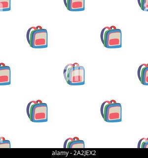 Cartoon illustration with seamless pattern with multicolor backpack on white background for print design. Modern colorful flat decoration vector elements. Stock Vector
