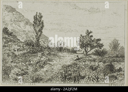 Landscape, 1844, Charles Émile Jacque, French, 1813-1894, France, Etching on ivory wove paper, 49 × 72 mm Stock Photo