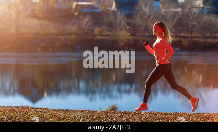 Panorama image of running girl with copy space. Healthy fitness woman lifestyle background Stock Photo