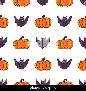 Halloween seamless pattern with bat and pumpkin, hand drawn doodle style. Autumn vector illustration. Stock Vector