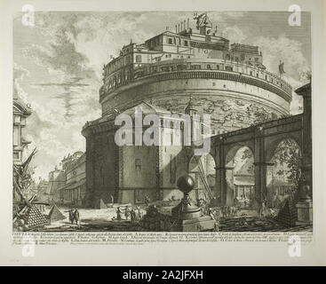 View of the Mausoleum of the Emperor Hadrian (now called Castel Sant’Angelo) from the Rear, from Vedute di Roma (Views of Rome), 1750/59, Giovanni Battista Piranesi, Italian, 1720-1778, Italy, Etching in black on ivory laid paper, 412 x 557 mm (image), 440 x 561 mm (plate), 497 x 602 mm (sheet Stock Photo