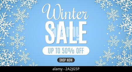 Christmas sale banner. Paper snowflakes with snow dust. Stylish lettering. Seasonal xmas shopping. Vector illustration. EPS 10 Stock Vector
