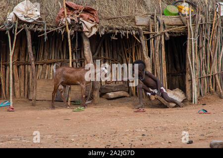 Turmi, Ethiopia - Nov 2018: Hamer tribe kid feeding the goat in front of the house, Omo valley Stock Photo