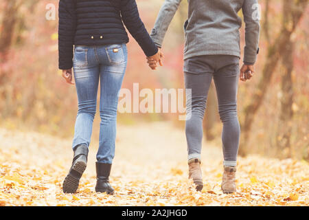 Couple in love holding hands, walking in autumn park Stock Photo
