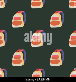 Flat seamless pattern orange backpack for fabric design on green design. Graphic background. Cartoon flat vector abstract surface design. Stock Vector