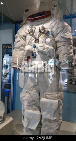 KENNEDY SPACE CENTER, FLORIDA, USA - November 6, 2018: an astronaut suit in a protective glass at Kennedy Space Center, Orlando, Florida. Stock Photo