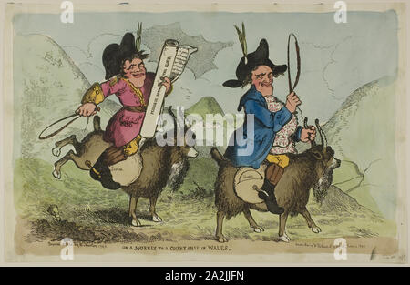 On a Journey to a Courtship in Wales, published June 16, 1795, Richard Newton, English, 1777-1798, England, Hand-colored etching on paper, 260 × 405 mm (image/plate), 278 × 427 mm (sheet Stock Photo