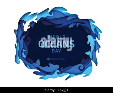 Paper art of World Oceans Day. Global celebration dedicated to help protect and conserve world oceans, water, underwater world, ecosystem, ecology. Stock Vector