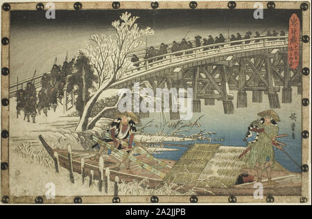 Act 11, Part 1: The Approach to the Night Attack (Juichidanme ichi, yochi oshiyose), from the series The Revenge of the Loyal Retainers (Chushingura), c. 1834/39, Utagawa Hiroshige 歌川 広重, Japanese, 1797–1858, Japan, Color woodblock print, oban, 23.1 x 35.4 cm (9 1/16 x 13 15/16 in Stock Photo