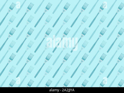 Many black plastic forks on blue background, top view. Disposable table wear concept. Creative top view pattern. Stock Photo