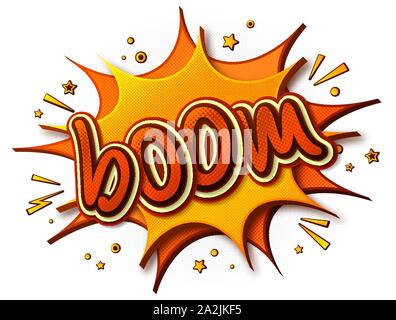 Boom Comics poster. Thought bubble and sound effects. Colorful funny banner in pop art style. Yellow-orange cartoon banner with halftone effect Stock Vector