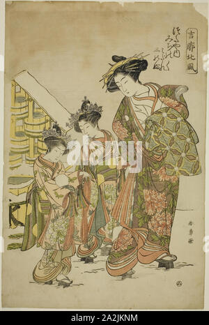 The Courtesan Michinoku Of The Tsutaya House With Her Kamuro Midare And Shinobu From The Series Kikkaku Hokufu C 1774 Katsukawa Shunsho Stock Photo Alamy