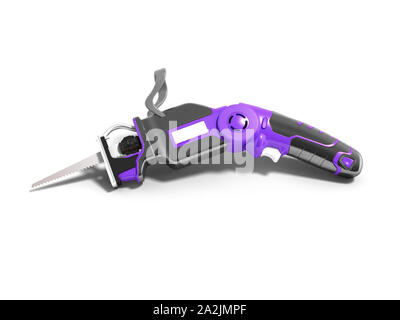 Modern purple hacksaw on battery for garden works in summer 3d render on white background with shadow Stock Photo